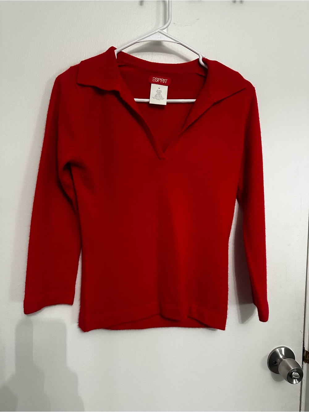 Esprit Red Long-Sleeve V-Neck Collared Top